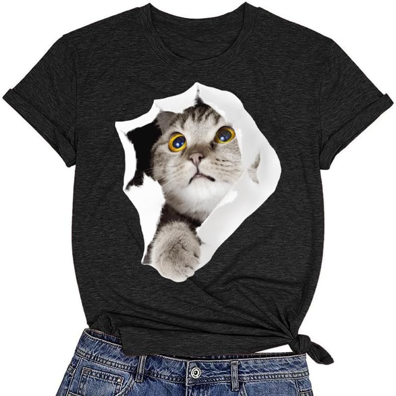 CORIRESHA Women's Cute T-Shirt Summer Short Sleeve Crew Neck Casual Cat Lovers Clothing