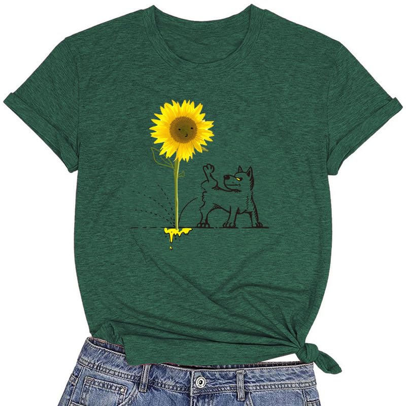 CORIRESHA Camiseta básica de manga corta con cuello redondo y estampado de girasol para mujer