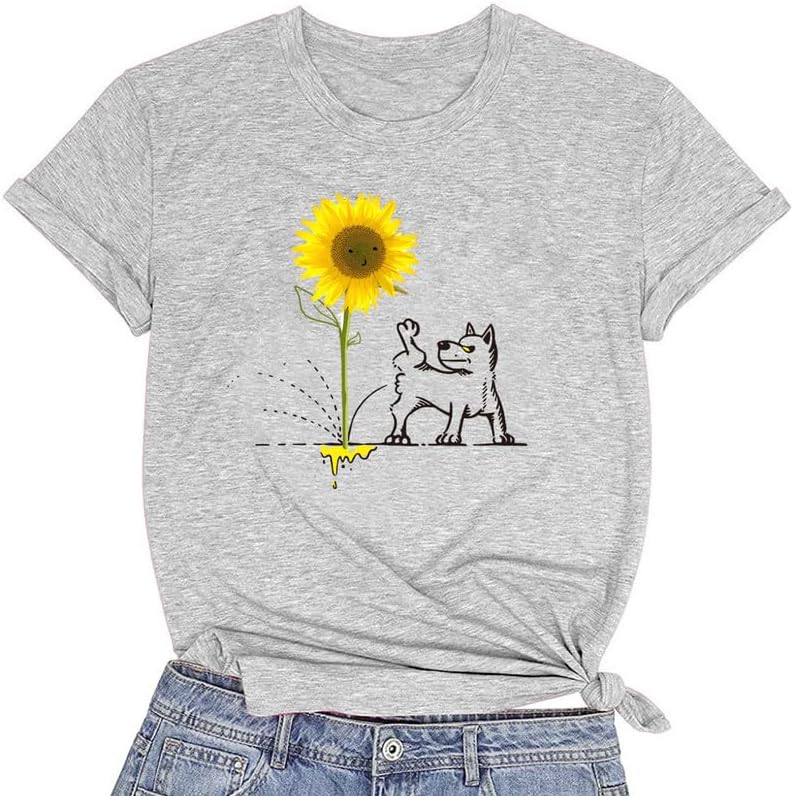 CORIRESHA Camiseta básica de manga corta con cuello redondo y estampado de girasol para mujer