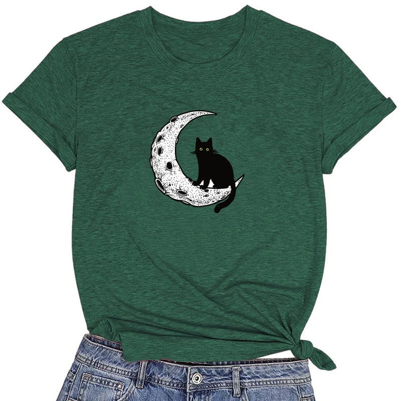 CORIRESHA Camiseta básica casual de manga corta con cuello redondo y gato negro luna para mujer