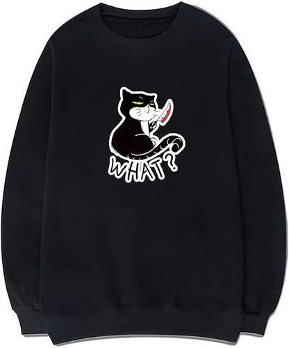 CORIRESHA Teen Funny With Blood Knife Cat Print Long Sleeve Casual Halloween Sweatshirt
