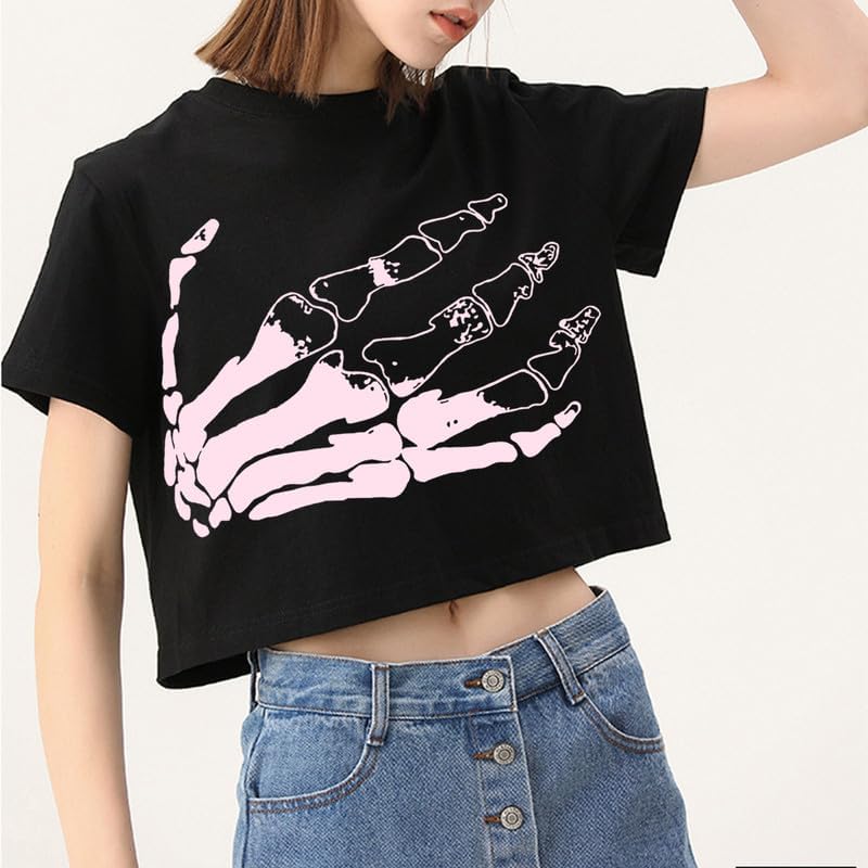 CORIRESHA Women's Funny Skull Palm Crewneck Short Sleeve Halloween Crop T-Shirt