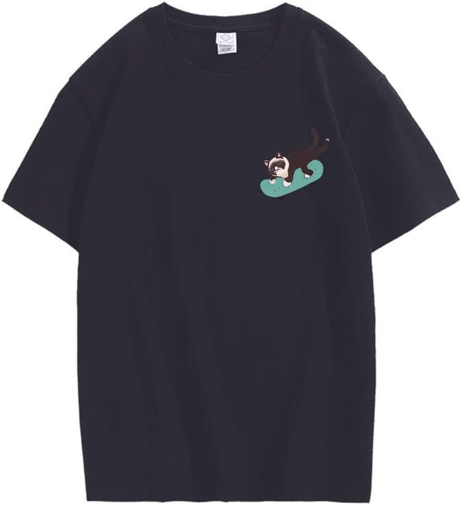 CORIRESHA Teen Kawaii Ropa Skateboard Cat Casual Cuello Redondo Camiseta de Algodón Suave