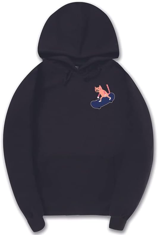 CORIRESHA Adolescentes Divertido Skateboarding Gato Patrón Casual Manga Larga Básica Sudadera con capucha