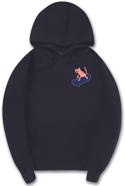 CORIRESHA Adolescentes Divertido Skateboarding Gato Patrón Casual Manga Larga Básica Sudadera con capucha
