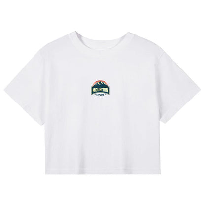 CORIRESHA Women's Retro Mountain Crewneck Summer Short Sleeve Crop Sun T-Shirt