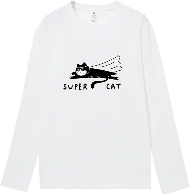 CORIRESHA Unisex Funny Run Cat Crewneck Long Sleeves Cozy Cotton Cute T-Shirts