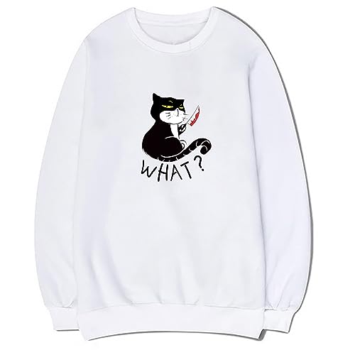 CORIRESHA Teen Funny With Blood Knife Cat Print Long Sleeve Casual Halloween Sweatshirt