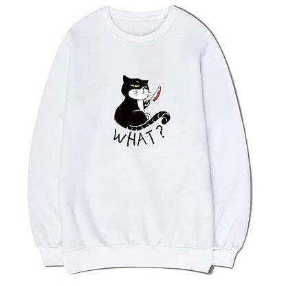 CORIRESHA Teen Funny With Blood Knife Cat Print Long Sleeve Casual Halloween Sweatshirt