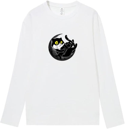 CORIRESHA Teen Fall Funny Cat Moon Crew Neck Long Sleeve Cotton T-Shirt