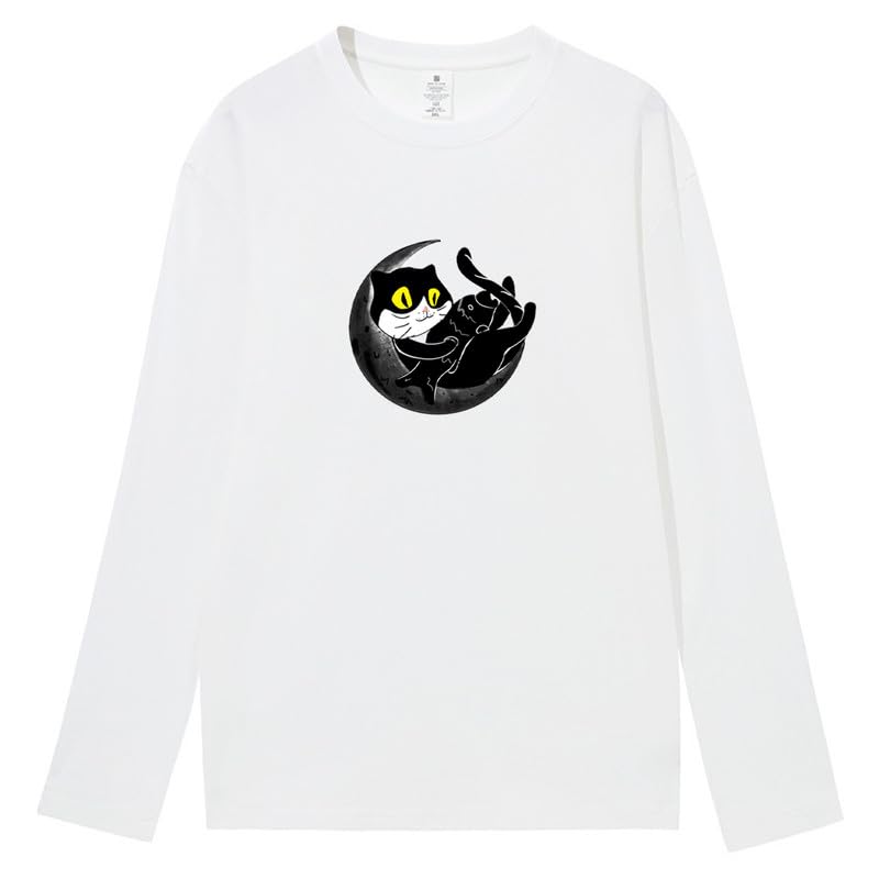 CORIRESHA Teen Fall Funny Cat Moon Crew Neck Long Sleeve Cotton T-Shirt