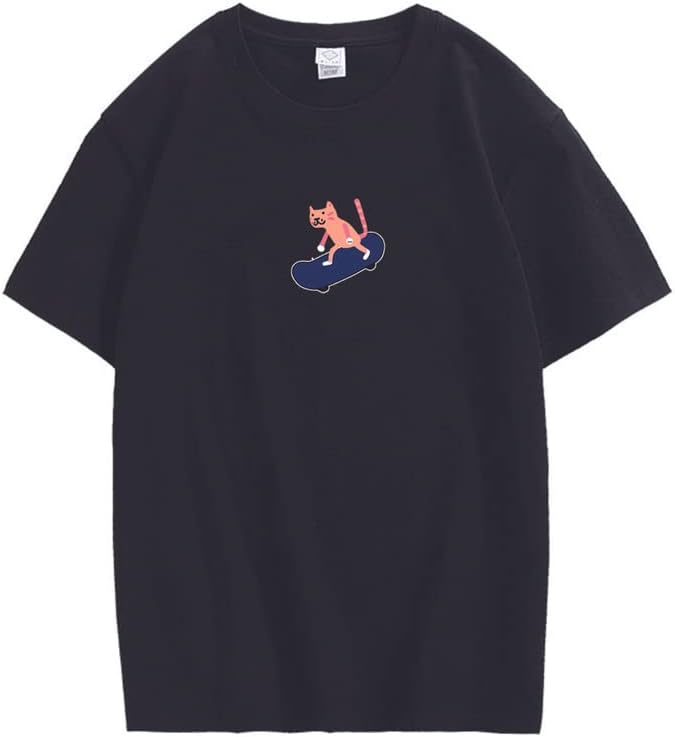 CORIRESHA Unisex Lindo Gato Monopatín Casual Cuello Redondo Manga Corta Suelta Camisetas Divertidas