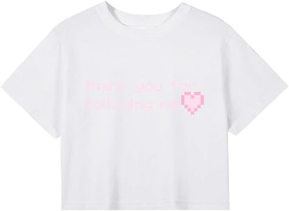 CORIRESHA Women's Cute Heart Print Crewneck Short Sleeve Crop Letters T-Shirt