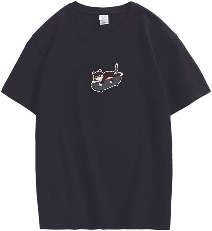 CORIRESHA Unisex Kawaii Ropa Cuello Redondo Manga Corta Lindo Monopatín Gato Camiseta Suelta