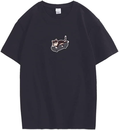 CORIRESHA Unisex Kawaii Ropa Cuello Redondo Manga Corta Lindo Monopatín Gato Camiseta Suelta