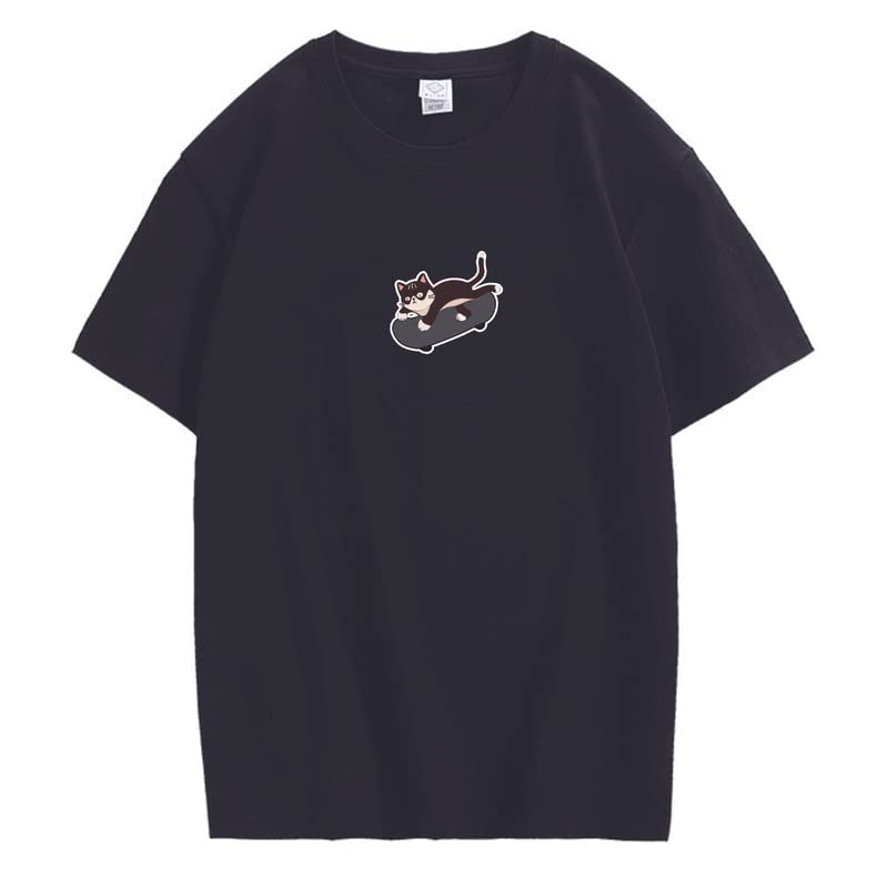 CORIRESHA Unisex Kawaii Ropa Cuello Redondo Manga Corta Lindo Monopatín Gato Camiseta Suelta