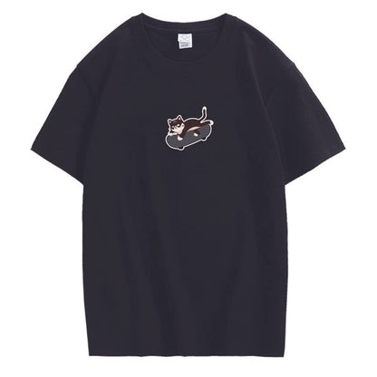 CORIRESHA Unisex Kawaii Ropa Cuello Redondo Manga Corta Lindo Monopatín Gato Camiseta Suelta