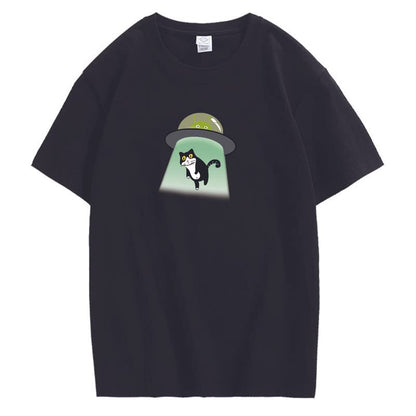 CORIRESHA Alien nave espacial abducción gato vintage unisex divertido espacio camiseta