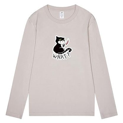CORIRESHA Camiseta unisex de manga larga de algodón con diseño de gato divertido con cuchillo de sangre
