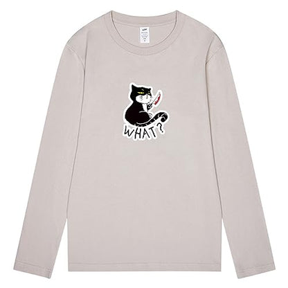 CORIRESHA Unisex Funny Cat with Blood Knife Long Sleeve Cotton Halloween T-Shirt