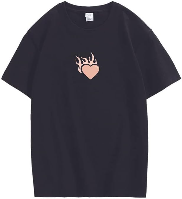 CORIRESHA Adolescente Lindo Corazón Llama Cuello Redondo Manga Corta Casual Algodón San Valentín Camiseta