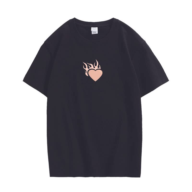 CORIRESHA Adolescente Lindo Corazón Llama Cuello Redondo Manga Corta Casual Algodón San Valentín Camiseta