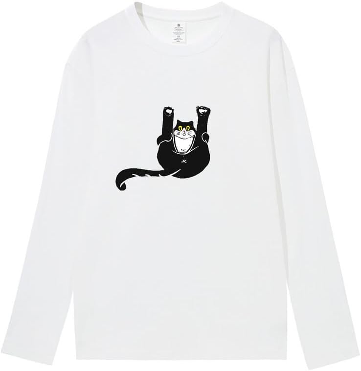 CORIRESHA Unisex Funny Cat Tops Crewneck Long Sleeves Fall Cotton Cute T-Shirts