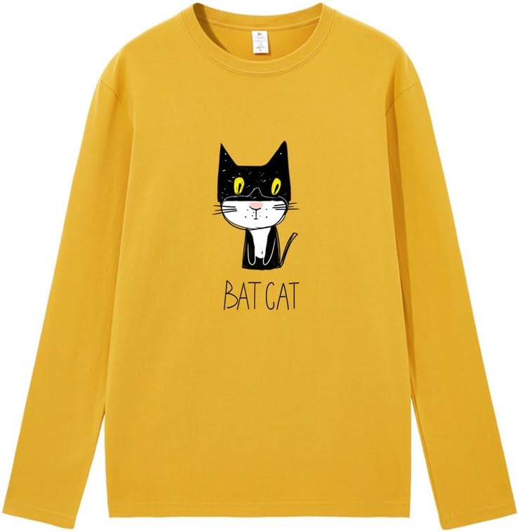 CORIRESHA Teen Funny Cat Bat Crew Neck Long Sleeves Casual Fall T-Shirt