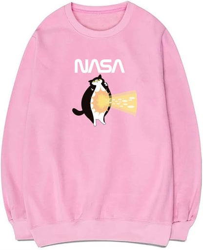 CORIRESHA Teen Cat Lover Sweatshirt Crew Neck Long Sleeve Cotton Simple NASA Pullover