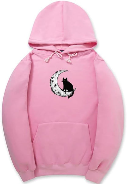 CORIRESHA Sudadera con capucha unisex Moon Cat Casual de manga larga suave y linda sudadera con bolsillo