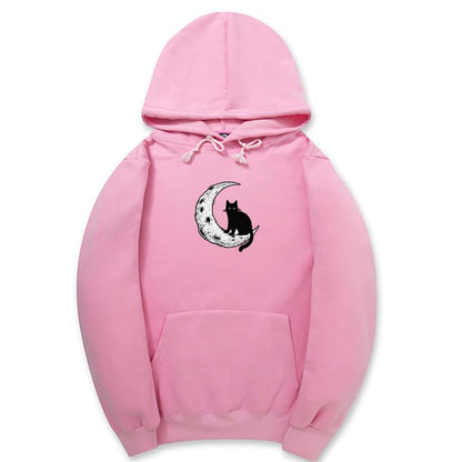CORIRESHA Sudadera con capucha unisex Moon Cat Casual de manga larga suave y linda sudadera con bolsillo