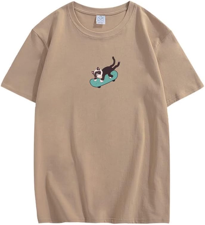 CORIRESHA Hombres Mujeres Monopatín Gato Cuello Redondo Manga Corta Suelta Tallas Grandes Camisetas