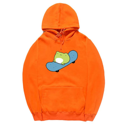 CORIRESHA Sudadera básica con capucha de rana para mujer, manga larga, bolsillo canguro, monopatín