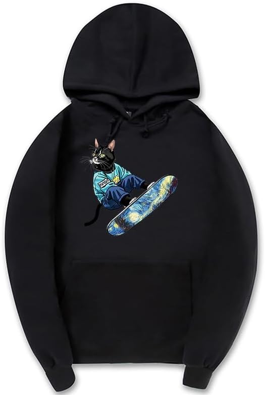 CORIRESHA Sudadera unisex con capucha para gato, informal, de manga larga, con cordón, básica, para monopatín