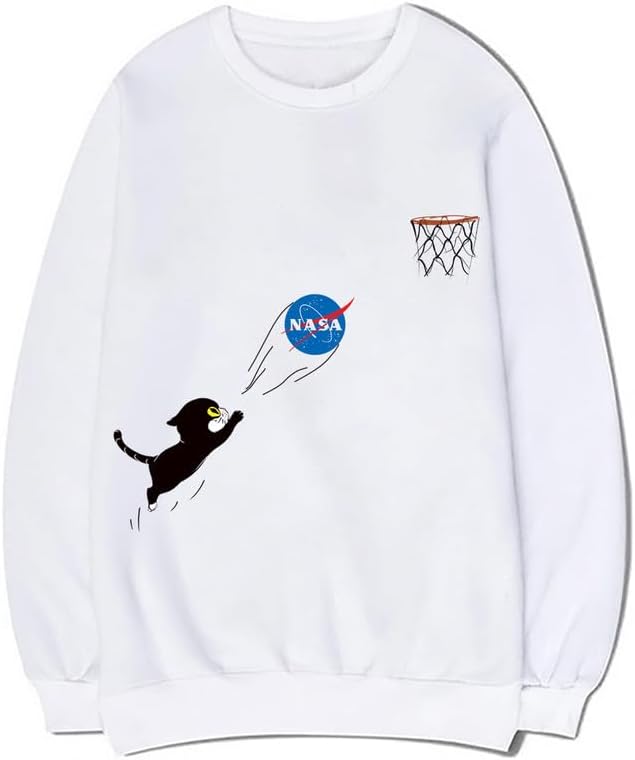 CORIRESHA Fall Cute Cat Crewneck Long Sleeves Casual Cozy NASA Sweatshirt