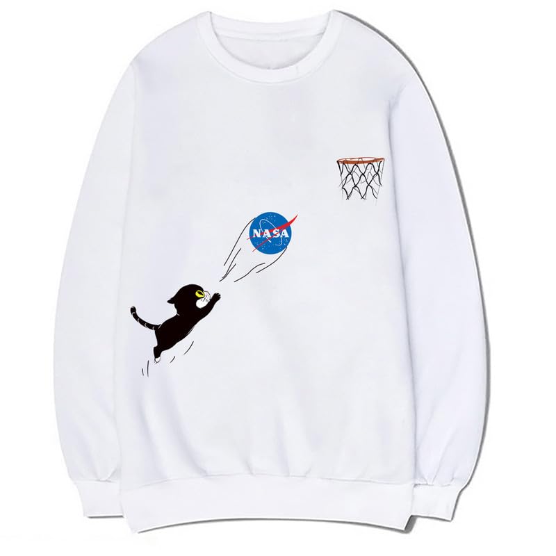 CORIRESHA Fall Cute Cat Crewneck Long Sleeves Casual Cozy NASA Sweatshirt