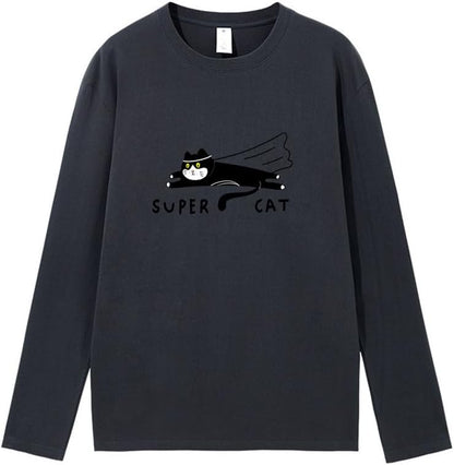 CORIRESHA Unisex Funny Run Cat Crewneck Long Sleeves Cozy Cotton Cute T-Shirts