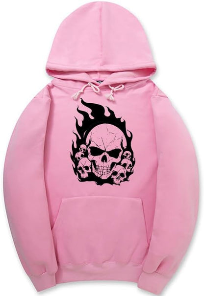 CORIRESHA Teen Halloween Skull Hoodie Long Sleeve Drawstring Y2K Aesthetic Flame Sweatshirt