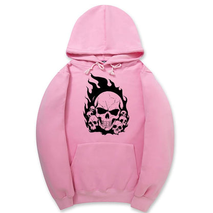 CORIRESHA Teen Halloween Skull Hoodie Long Sleeve Drawstring Y2K Aesthetic Flame Sweatshirt