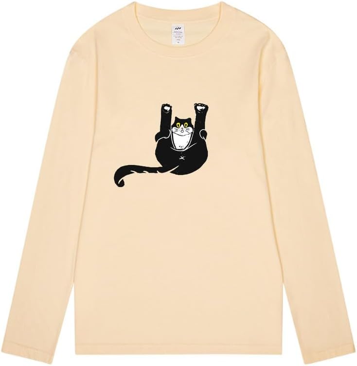 CORIRESHA Unisex Funny Cat Tops Crewneck Long Sleeves Fall Cotton Cute T-Shirts