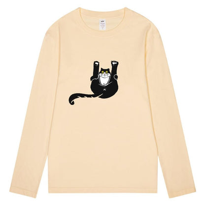 CORIRESHA Unisex Funny Cat Tops Crewneck Long Sleeves Fall Cotton Cute T-Shirts