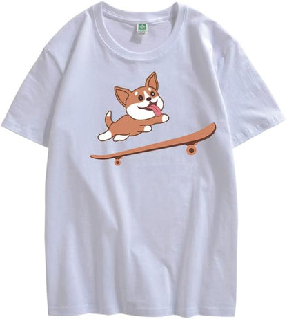 CORIRESHA Adolescente Lindo Shiba Inu Perro Monopatín Cuello Redondo Manga Corta Camiseta Acogedora