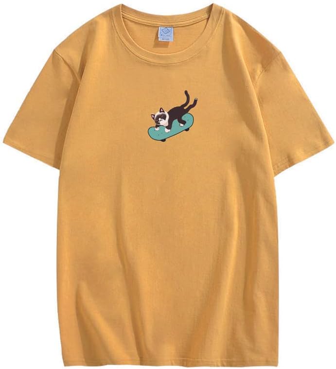 CORIRESHA Hombres Mujeres Monopatín Gato Cuello Redondo Manga Corta Suelta Tallas Grandes Camisetas