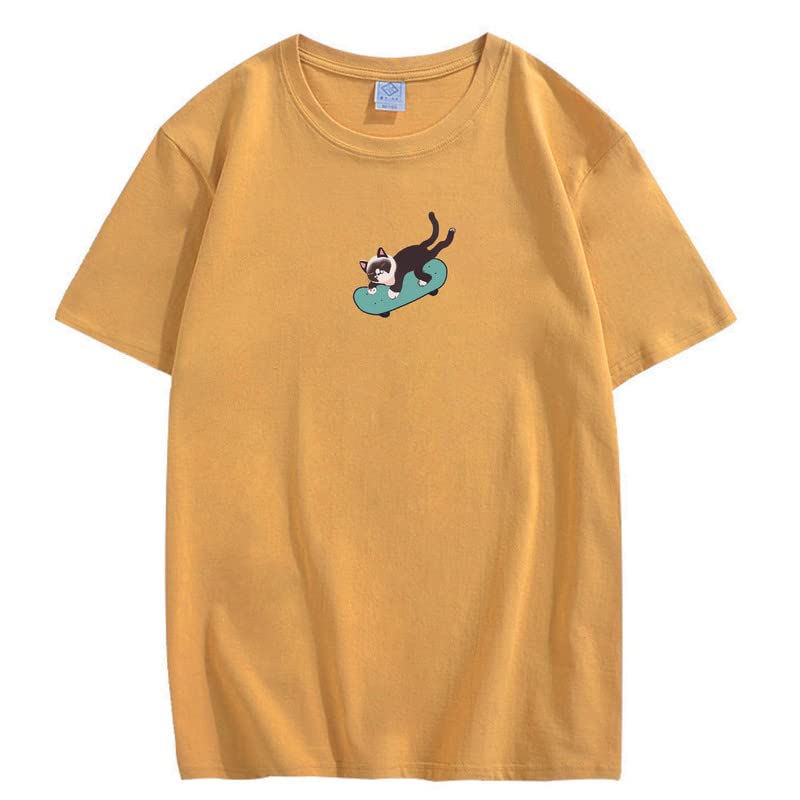 CORIRESHA Hombres Mujeres Monopatín Gato Cuello Redondo Manga Corta Suelta Tallas Grandes Camisetas