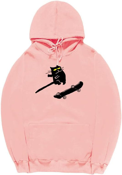 CORIRESHA Funny Cat Skateboard Drawstring Long Sleeve Kangaroo Pocket Hoodie Sweatshirt