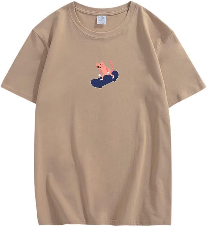CORIRESHA Unisex Lindo Gato Monopatín Casual Cuello Redondo Manga Corta Suelta Camisetas Divertidas