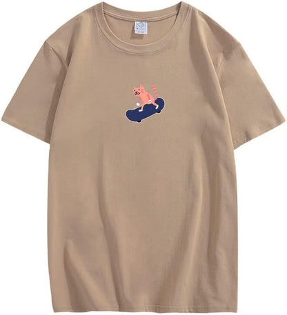 CORIRESHA Unisex Lindo Gato Monopatín Casual Cuello Redondo Manga Corta Suelta Camisetas Divertidas
