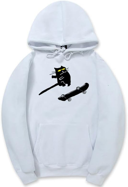 CORIRESHA Funny Cat Skateboard Drawstring Long Sleeve Kangaroo Pocket Hoodie Sweatshirt