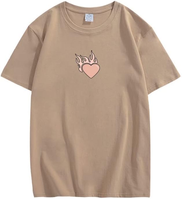CORIRESHA Adolescente Lindo Corazón Llama Cuello Redondo Manga Corta Casual Algodón San Valentín Camiseta