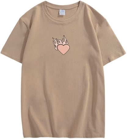 CORIRESHA Adolescente Lindo Corazón Llama Cuello Redondo Manga Corta Casual Algodón San Valentín Camiseta